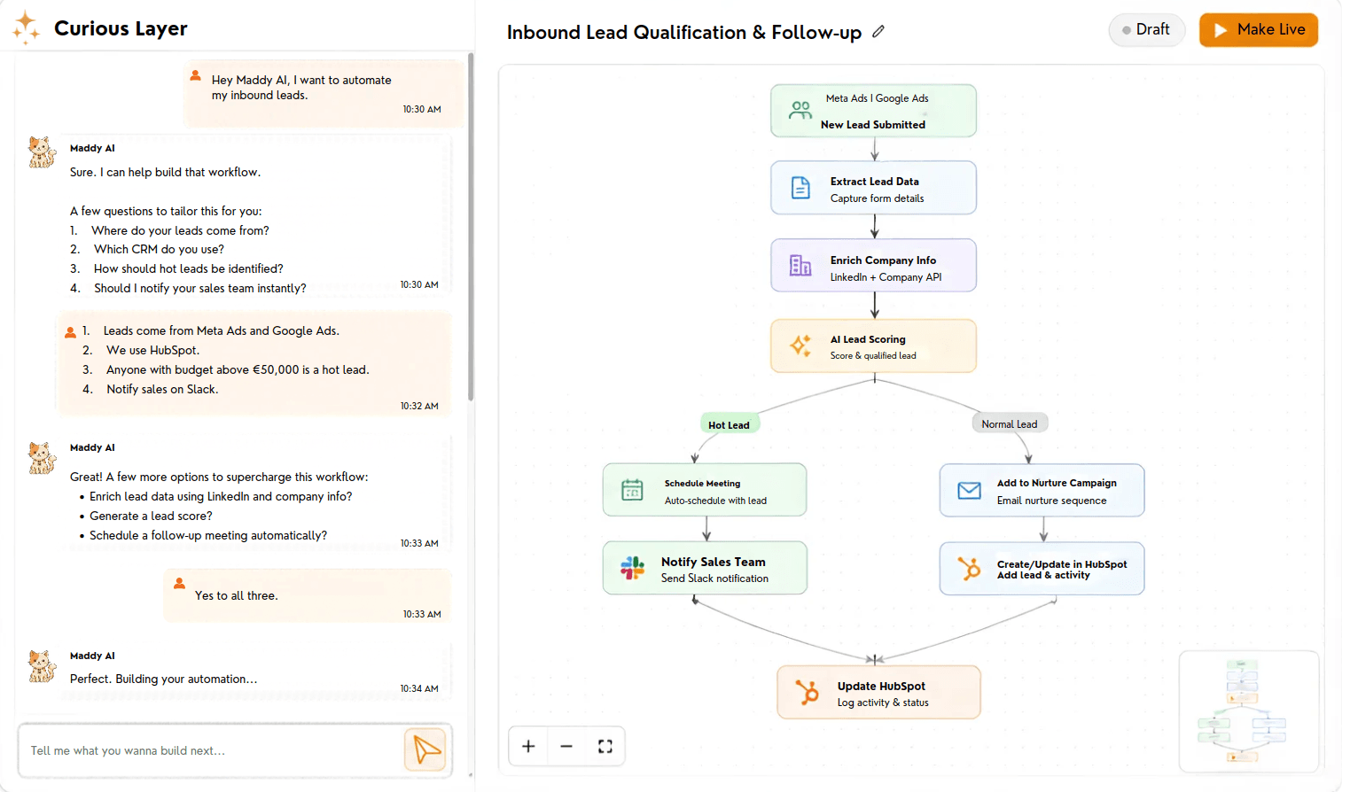 Curious Layer platform: building an inbound lead qualification workflow by chatting with Maddy AI